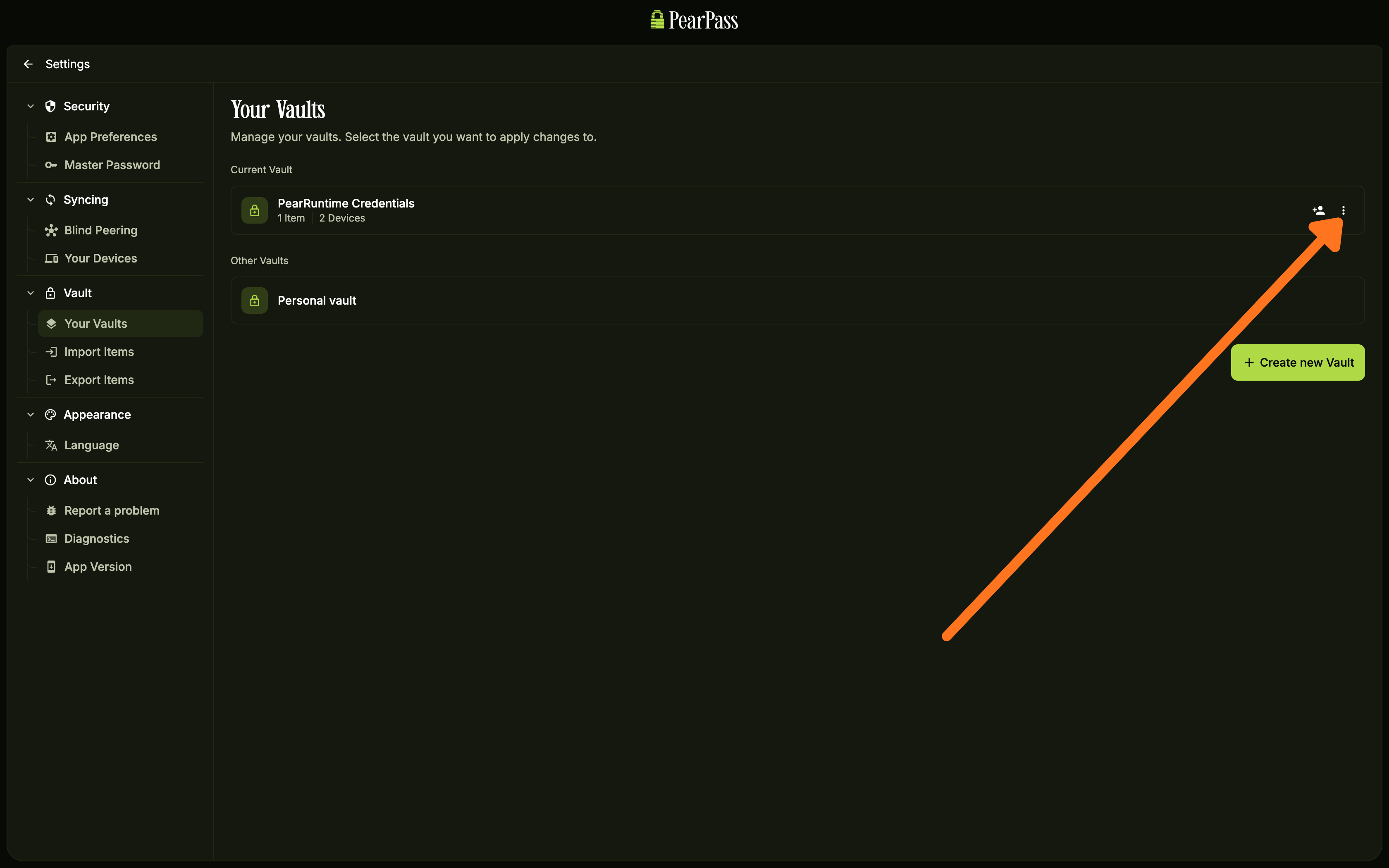 Your Vaults screen with the menu icon highlighted